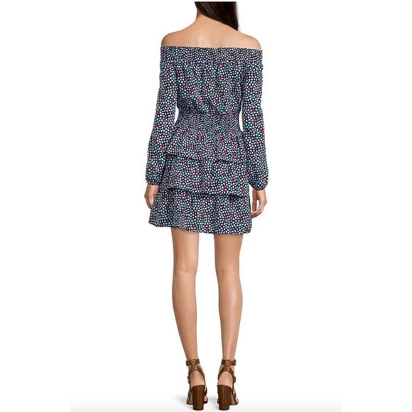 NWT MICHAEL Michael Kors Printed Pebble Crepe Off-the-Shoulder Dress - XS - Picture 2 of 8